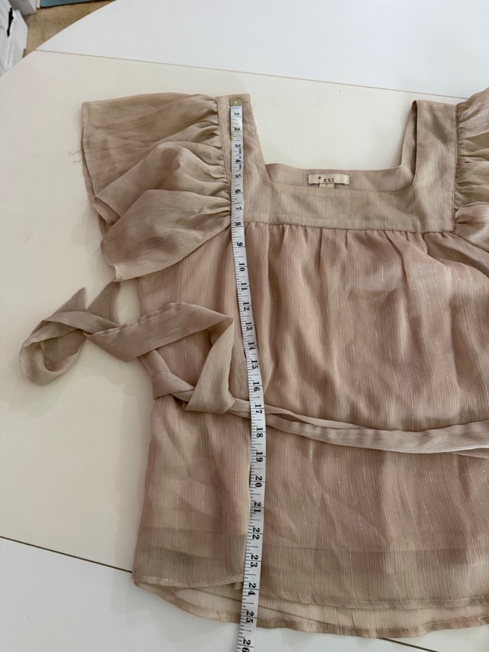 Tan & Gold Flutter Sleeve Blouse, Size L - Picture 10 of 11